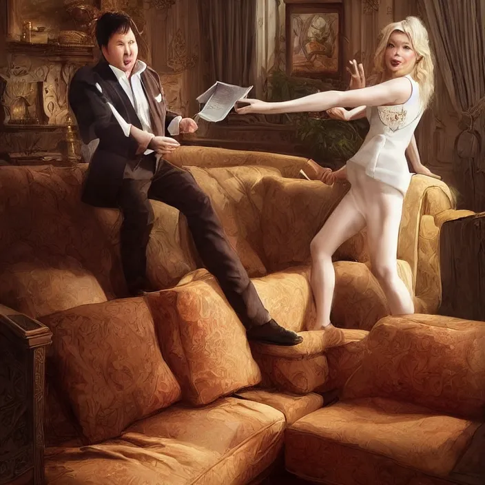 Image similar to portrait of michael mcintyre leaving on a sofa with a singing waitress, elegant, real life skin, intricate artwork, high detailed, artstation, concept art, smooth, sharpz focus, art by artgerm and greg rutkowski