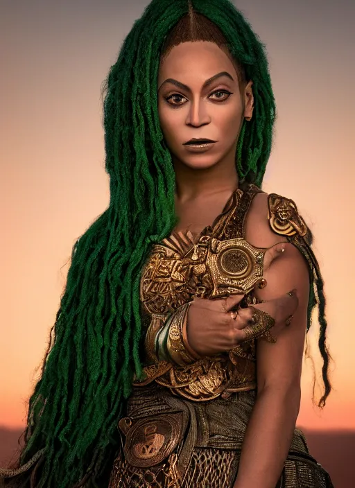 Prompt: photographic portrait of a stunningly beautiful renaissance beyonce with celtic tribal makeup in soft dreamy light at sunset, green hair, contemporary fashion shoot, by edward robert hughes, annie leibovitz and steve mccurry, david lazar, jimmy nelsson, breathtaking, 8 k resolution, extremely detailed, beautiful, establishing shot, artistic, hyperrealistic, beautiful face, octane render