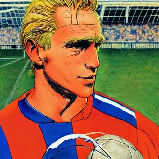 Image similar to a blonde man studying a soccer game. happy, colorful Epic portrait by james gurney and mœbius.