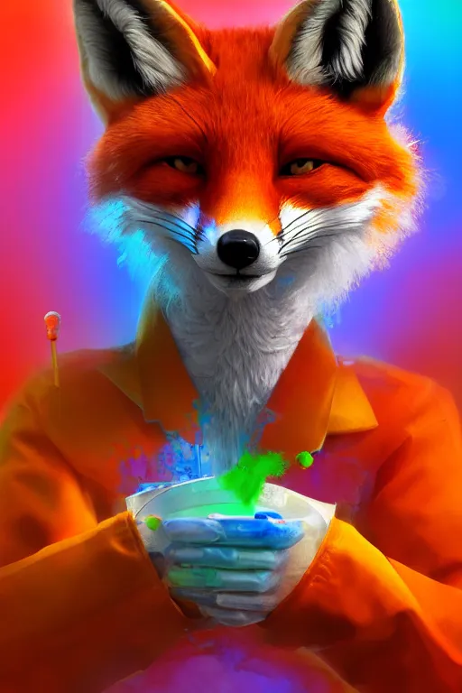 Image similar to a humanoid fox wearing scientist's clothes and doing experiments with colorful chemicals, digital painting, masterpiece, digital art, high quality, highly detailed, concept art, trending on deviantart, high coherence, anatomically correct, five fingers, cinematic, high definition, path traced