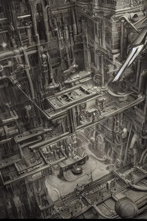 Image similar to strange retro sci - fi quantum teleportation gizmo, thingamajig. steampunk, dieselpunk techno - magical engine vray cryengine hyperrealism photorealistic hyperdetailed by edward hopper, mc escher and hr giger.