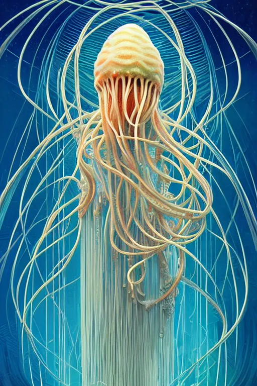 Prompt: beautiful spaghetti jellyfish warrior, ethereal art deco, fantasy, intricate art deco pasta designs, elegant, highly detailed fractals, sharp focus, art by artgerm and beeple and greg rutkowski and wlop