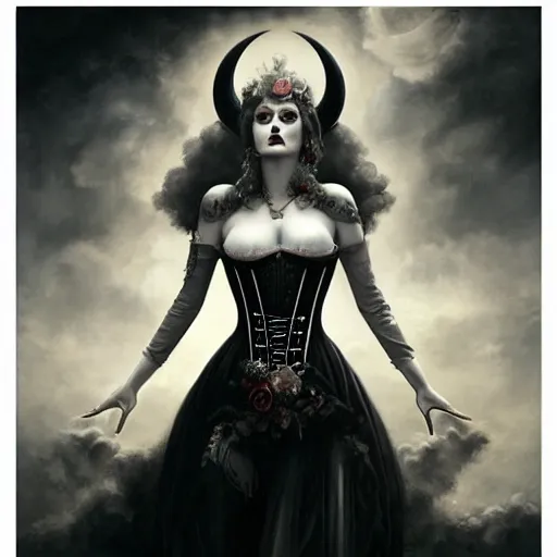 Image similar to By Tom Bagshaw, ultra realist soft painting of a curiosity carnival by night, very beautiful horn female gothic wearing corset, partial symmetry features, very intricate details, omnious sky, black and white, volumetric light clouds