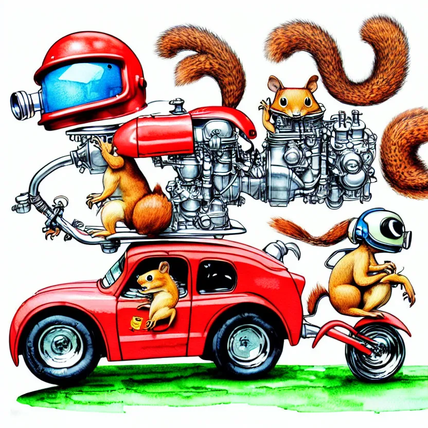 Image similar to cute and funny, squirrel wearing a helmet riding in a hot rod with oversized engine, ratfink style by ed roth, centered award winning watercolor pen illustration, isometric illustration by chihiro iwasaki, edited by range murata, tiny details by artgerm and watercolor girl, symmetrically isometrically centered, sharply focused