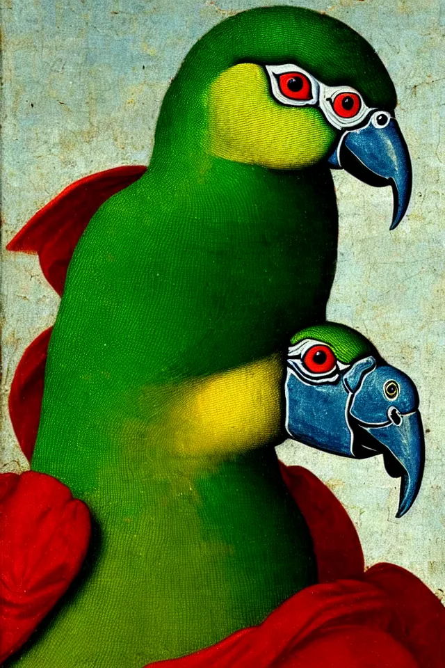 Image similar to a renaissance close up portrait of a green duck parrot as a ninja turtle, centered, triumphant, beautiful intricate painting