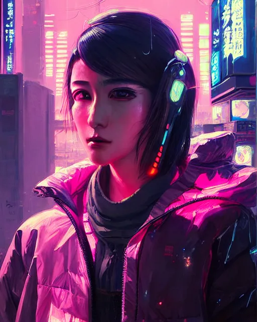 Image similar to detailed portrait Neon Business Girl, cyberpunk futuristic neon, reflective puffy coat, decorated with traditional Japanese ornaments by Ismail inceoglu dragan bibin hans thoma greg rutkowski Alexandros Pyromallis Nekro Rene Maritte Illustrated, Perfect face, fine details, realistic shaded, fine-face, pretty face