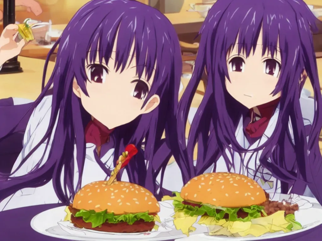 Image similar to yuuki konno from sword art online eating a big burger and being happy, purple hair, High Definition detail, 8K, anime