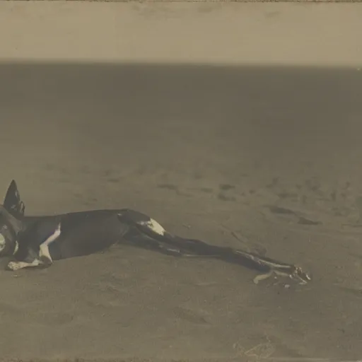 Image similar to an early 1 9 0 0 s photograph of an alien marking its extraterrestrial sigil on a black dog on the beach, moonlight, nighttime