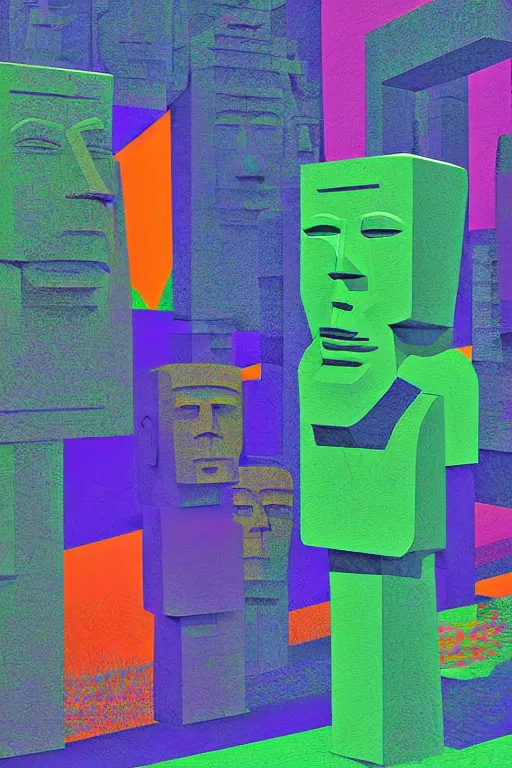 Image similar to cubist moai statue cutout digital illustration cartoon colorful beeple