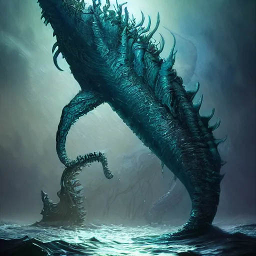 Prompt: sea beast of the depths in the style of michael whelan and h. p. lovecraft. hyperdetailed photorealism by greg rutkowski. glowing rich color, 1 0 8 megapixels, 3 d finalrender, hd