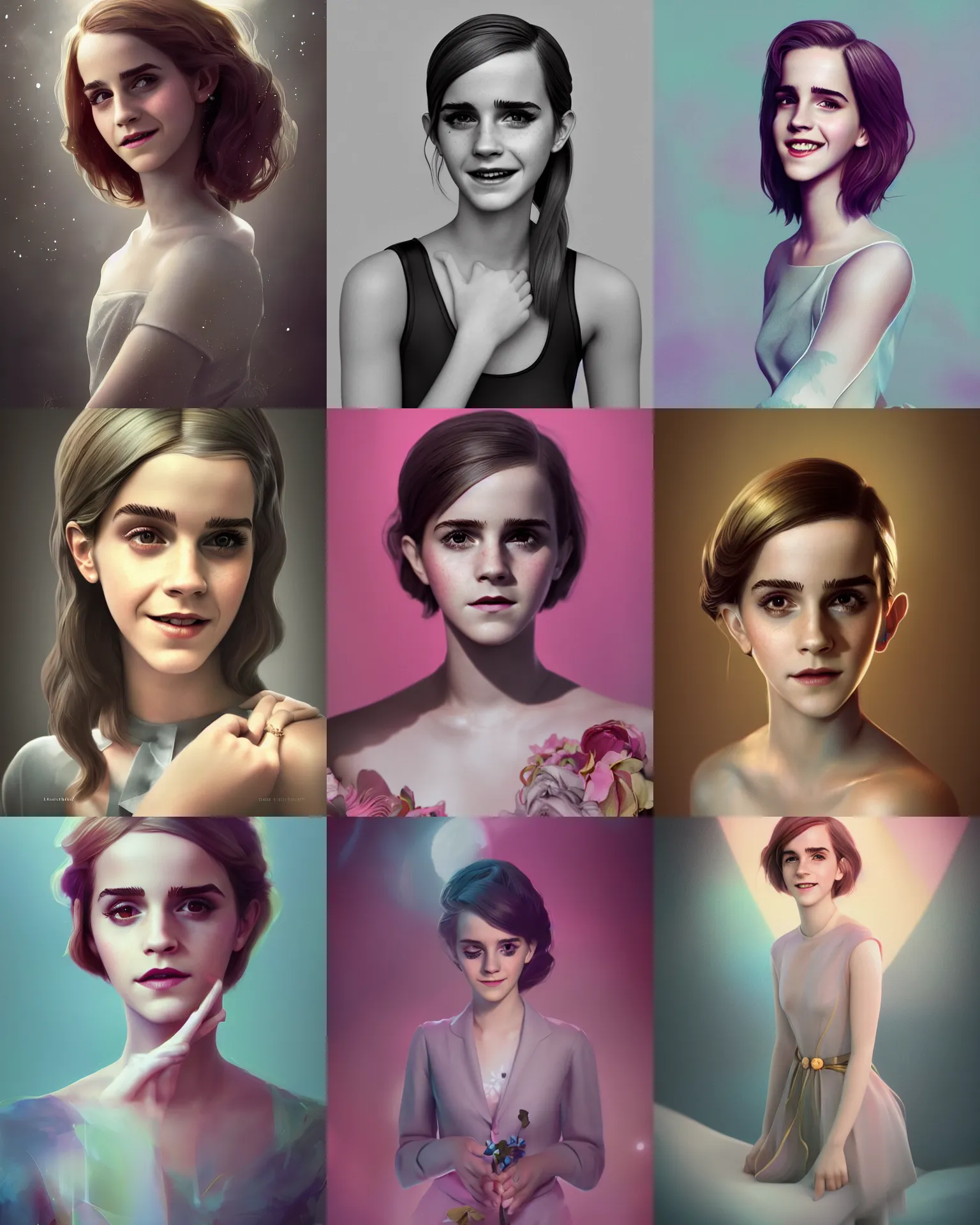 Prompt: Photolab, Lightroom, 4K, Dolby Vision, Photography Award, beautiful full body Emma Watson smiling, photograph by lois van baarle, loish and ross tran and rossdraws, 3D unreal 5, DAZ, hyperrealistic, octane render, Cecil Beaton