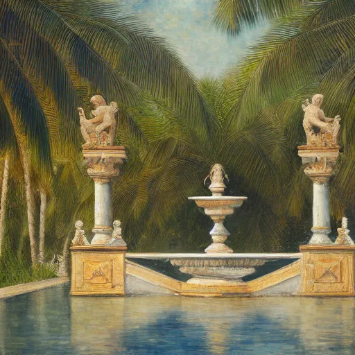 Image similar to a ultradetailed beautiful painting of a old fountain in the amazonas palace balustrade designed by jules bastien - lepage, tarsila do amaral, frank weston and gustave baumann, beach, trending on artstation, mediterranean, palm trees, sharp focus, soft light, 8 k 4 k