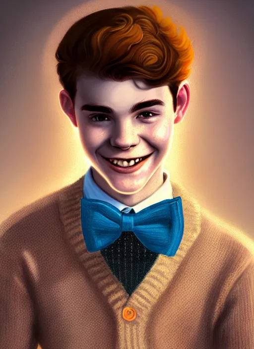 Image similar to portrait of teenage archie andrews, freckles, curly middle part haircut, curly hair, middle part hairstyle, smiling kindly, wearing a bowtie and sweater vest, intricate, elegant, glowing lights, highly detailed, digital painting, artstation, concept art, smooth, sharp focus, illustration, art by wlop, mars ravelo and greg rutkowski