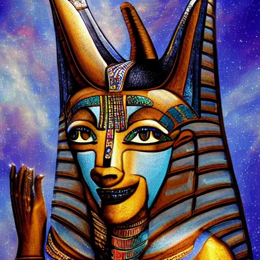 Image similar to anubis, egyptian art, lying in bed, with eyes closed, sparkles all around, fantasy digital art, wow, stunning, hight quality