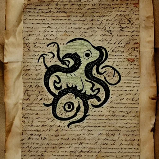 Image similar to tattered parchment with cthulhu characters written on it