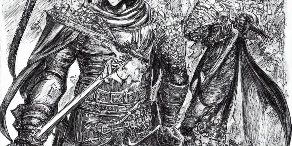 Image similar to guts with one arm, greatsword, detailed face, high detail, castle background, manga style, by kentaro miura