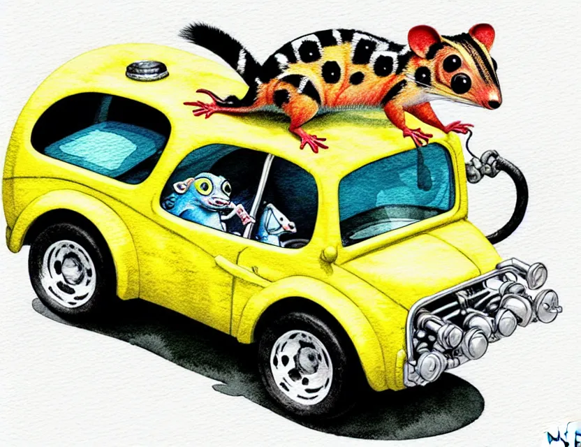 Prompt: cute and funny, quoll riding in a tiny hot rod with oversized engine, ratfink style by ed roth, centered award winning watercolor pen illustration, isometric illustration by chihiro iwasaki, edited by range murata, tiny details by artgerm and watercolor girl, symmetrically isometrically centered