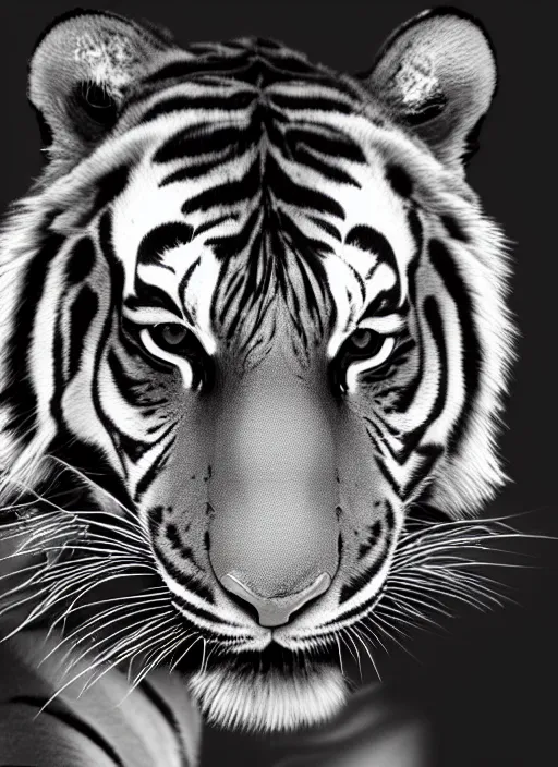 Image similar to a black and white photo of a tiger, a photorealistic painting by christian w. staudinger, behance, hyperrealism, hyper realism, majestic, wallpaper