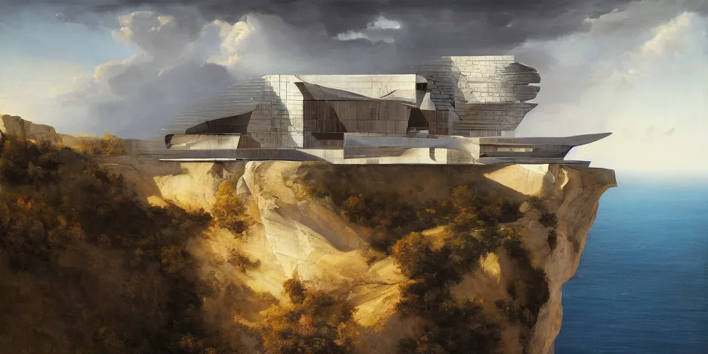 Image similar to beautiful oil matte portrait painting, modern house on top of a cliff designed by zaha hadid, wonderful masterpiece highly detailed, beautiful cinematic light deep focus, elegant, digital painting, smooth, sharp focus, golden ratio, dramatic illumination, ultra realistic, 8 k, art by artemisia lomi gentileschi and caravaggio