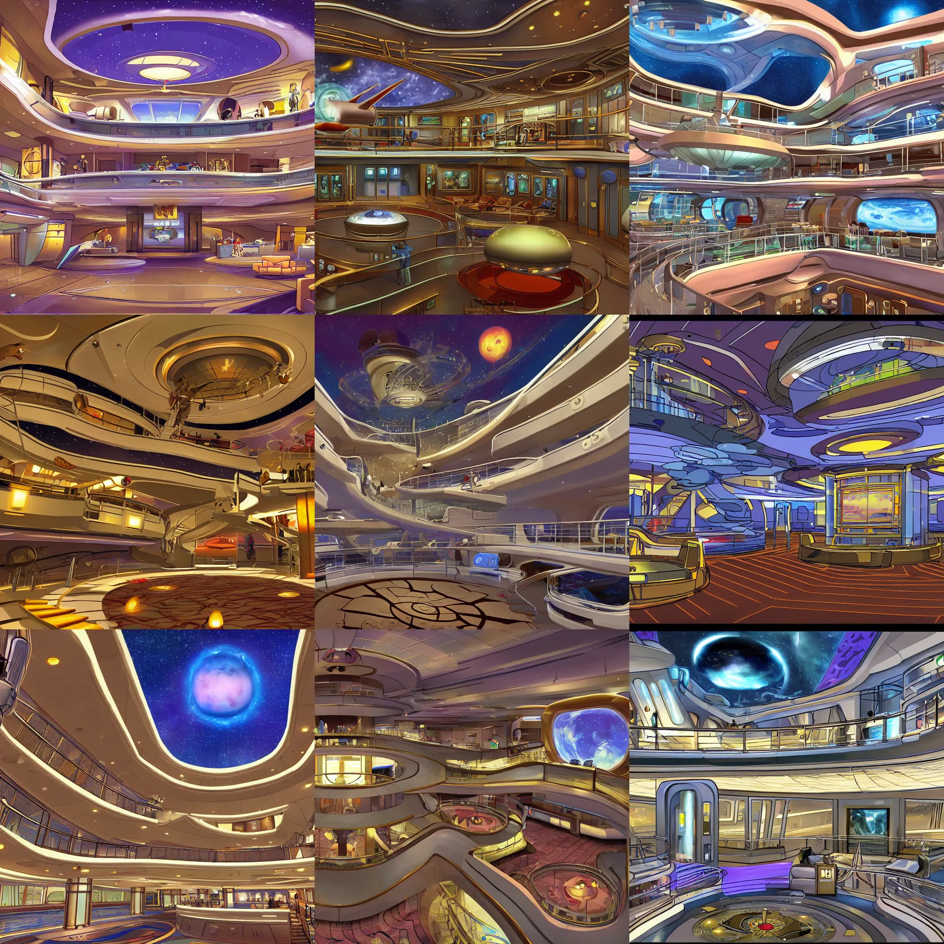 Prompt: the main lobby on a large cruise spaceship, from a space themed point and click 2 d graphic adventure game, art inspired by h. g wells and thomas kinkade