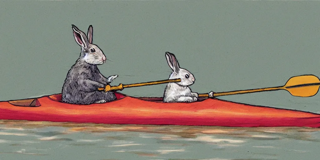 Image similar to a rabbit paddling a kayak, in the style of Zorn