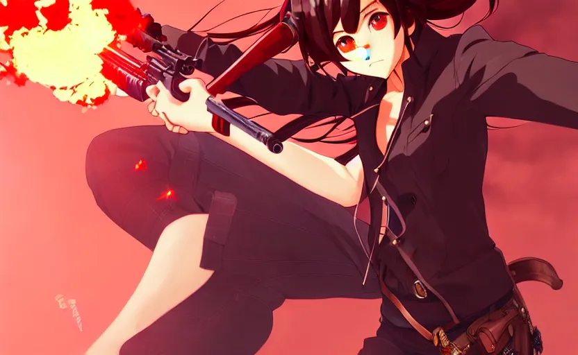 Image similar to makoto shinkai, artgerm, ilya kuvshinov, steampunk beautiful anime woman, red shirt brown pants, black and red hair hair, symmetrical face, symmetrical eyes, action scene, shooting fire war, detailed, summer setting, cinematic lighting