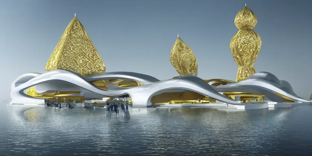 Image similar to mosque floating spaceship by zaha hadid, golds fantasy world