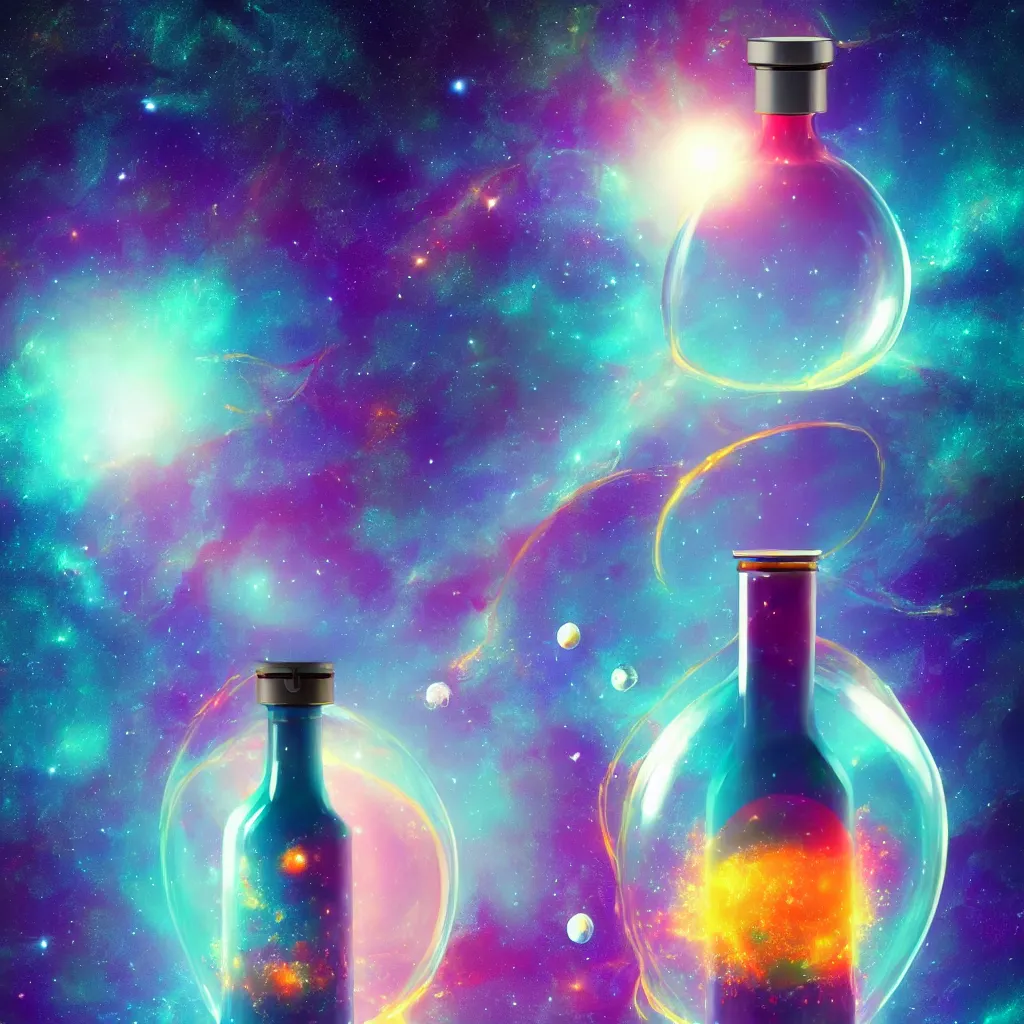 Image similar to the universe contained within a bottle, in a style of artstation