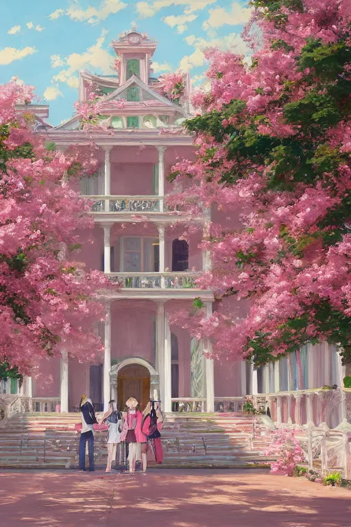 Prompt: painting of ouran highschool host club academy, front view, rococo style, greek architecture, pink marble building, sakura trees, sakura season dynamic lighting, landscape, artwork by jeremy lipkin and giuseppe dangelico pino and michael garmash and rob rey and greg manchess and huang guangjian and makoto shinkai, pixiv, 1 0 0 mm