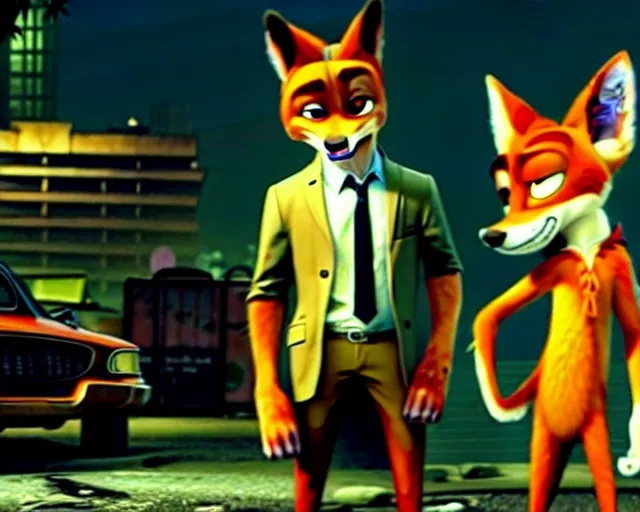 Image similar to nick wilde as max payne 3 set in gritty neo - noir zootopia, battle through the favela / furvela