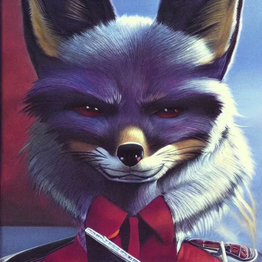 Image similar to a portrait of fox mccloud posing proudly, suspenseful, anthropomorphic furry art, star fox, by jim burns, vincent di fate, and peter elson