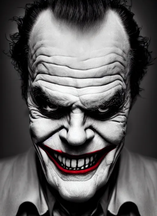 Prompt: photo of Jack Nicholson as the Joker by Eolo Perfido and Lee Jeffries, smile, head shot, detailed, award winning, Sony a7R
