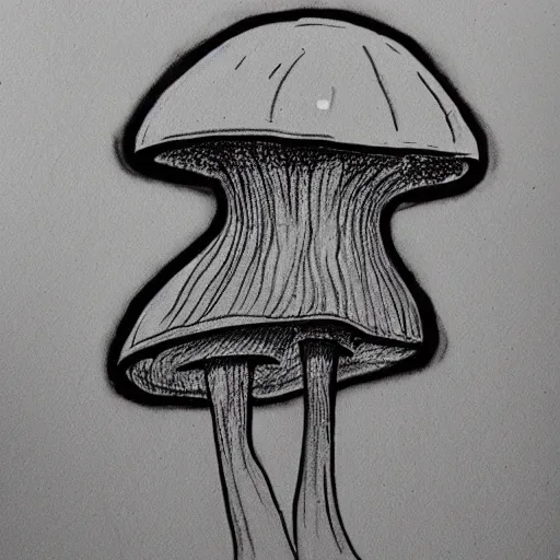 Prompt: mushroom, sketch, illustration, cross hatched, black ink on white paper