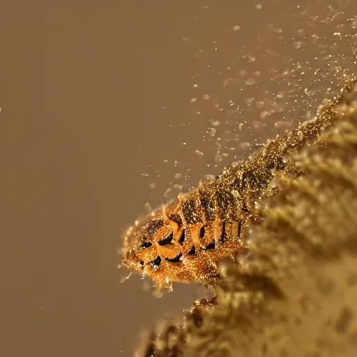 Prompt: a macro shot of a larvae surfing in the sea