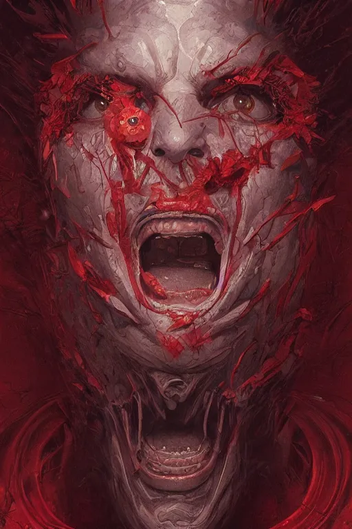 Image similar to Spirit of rage, face distorted by anger, red, disco elysium, highly detailed, digital painting, artstation, concept art, smooth, sharp focus, illustration, art by artgerm and greg rutkowski and alphonse mucha and Wayne Barlowe and Zdislav Beksinski and Francis Bacon