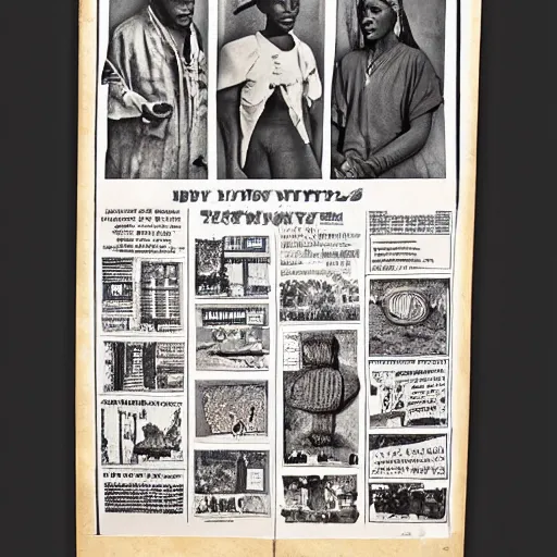 Prompt: A full page advertisement for a colonial gallery, African artifacts, masks, objects, newspaper style, black and white, African Arts magazine, 70s