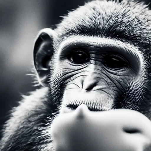Prompt: Monkey drinking Capri Sun juice, low light, photo taken at night,