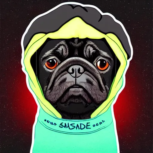 Image similar to a sad pug wearing a hoodie, the word'sad'is written on the hoodie in upper case letters, digital art, synthwave style, trending on artstation, matte painting
