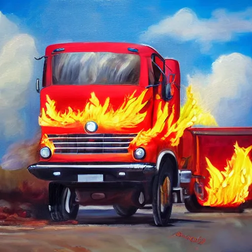 Image similar to painting of a flaming truck