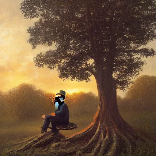 Prompt: A bearded old man wearing an all-black outfit sitting on a tree stump in a field at sunrise, oil on canvas, 8k, highly detailed and intricate,