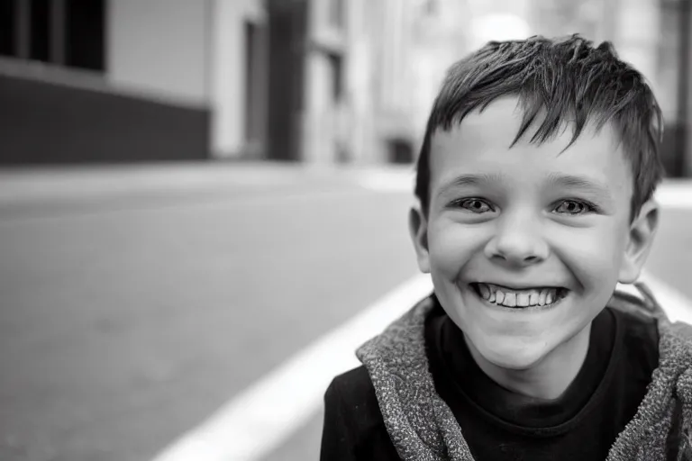 Prompt: still photo of a canadian child boy smiling at the camera on the street, black and white color aesthetic, highly detailed, photorealistic portrait, bright studio setting, studio lighting, crisp quality and light reflections, unreal engine 5 quality render