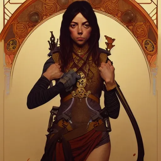 Image similar to cyber monk aubrey plaza, fantasy, d & d, intricate, detailed, by by alphonse mucha, adolfo hohenstein, alice russell glenny, stanley artgerm lau, greg rutkowski, detailed, trending on artstation, trending on artstation, smooth