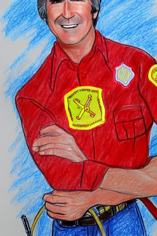 Image similar to a drawing of randy mantooth clean shaven, as a fire fighter by a child, bright colours, detailed