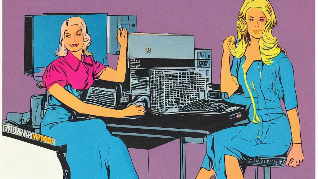 Prompt: 1 9 7 0 s magazine illustration of a blonde woman at a colourful retro - future computer