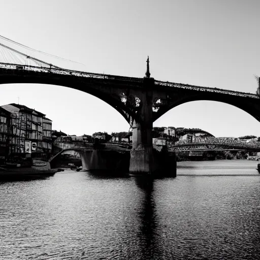 Prompt: view of Porto bridges, black and white, f0.95