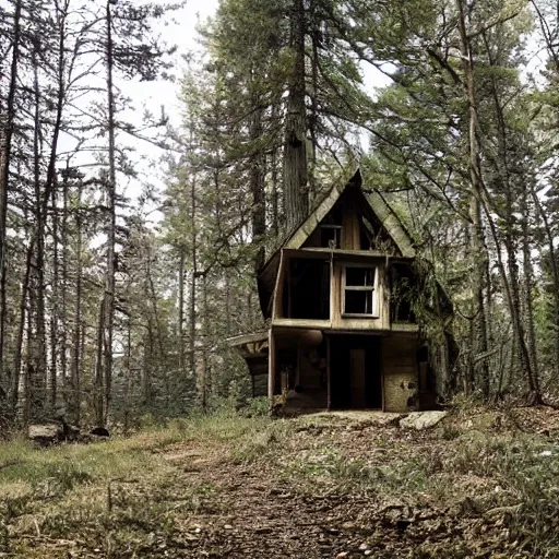 Prompt: an eerie cabin in the middle of the woods,