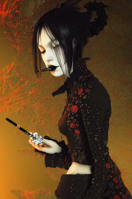 Prompt: Gothic girl smoking a fractal cigarette, dark background. digital art. amazing quality. perfect lighting. Professional design. Great composition. by Utagawa Kuniyoshi and Tomoyuki Yamasaki and Tsutomu Nihei, octane render, award winning art. impressive colors. trending on artstation. by Sam Spratt