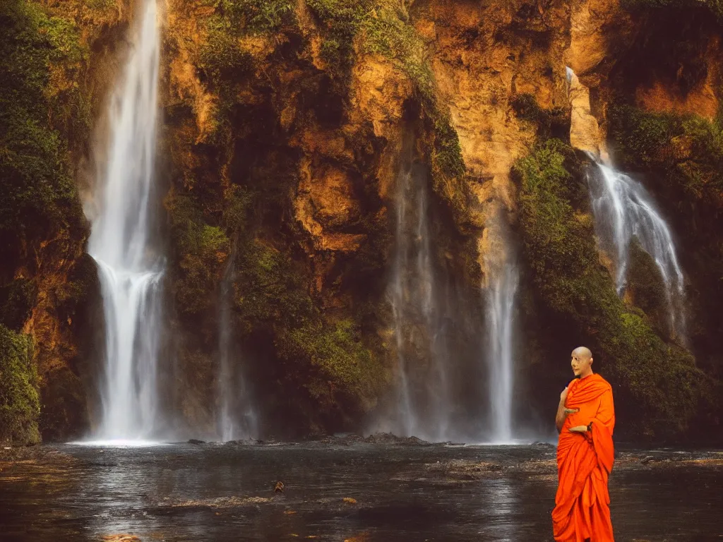 Image similar to dang ngo, annie leibovitz, steve mccurry, a simply breathtaking shot of mediating monk in orange, giantic waterfall, bright moonlight, golden ratio, wide shot, symmetrical