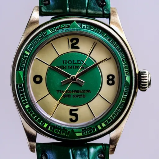 Image similar to vintage wristwatch rolex jewels green leather band numerals in japanese black display case macro photograph, intricate details