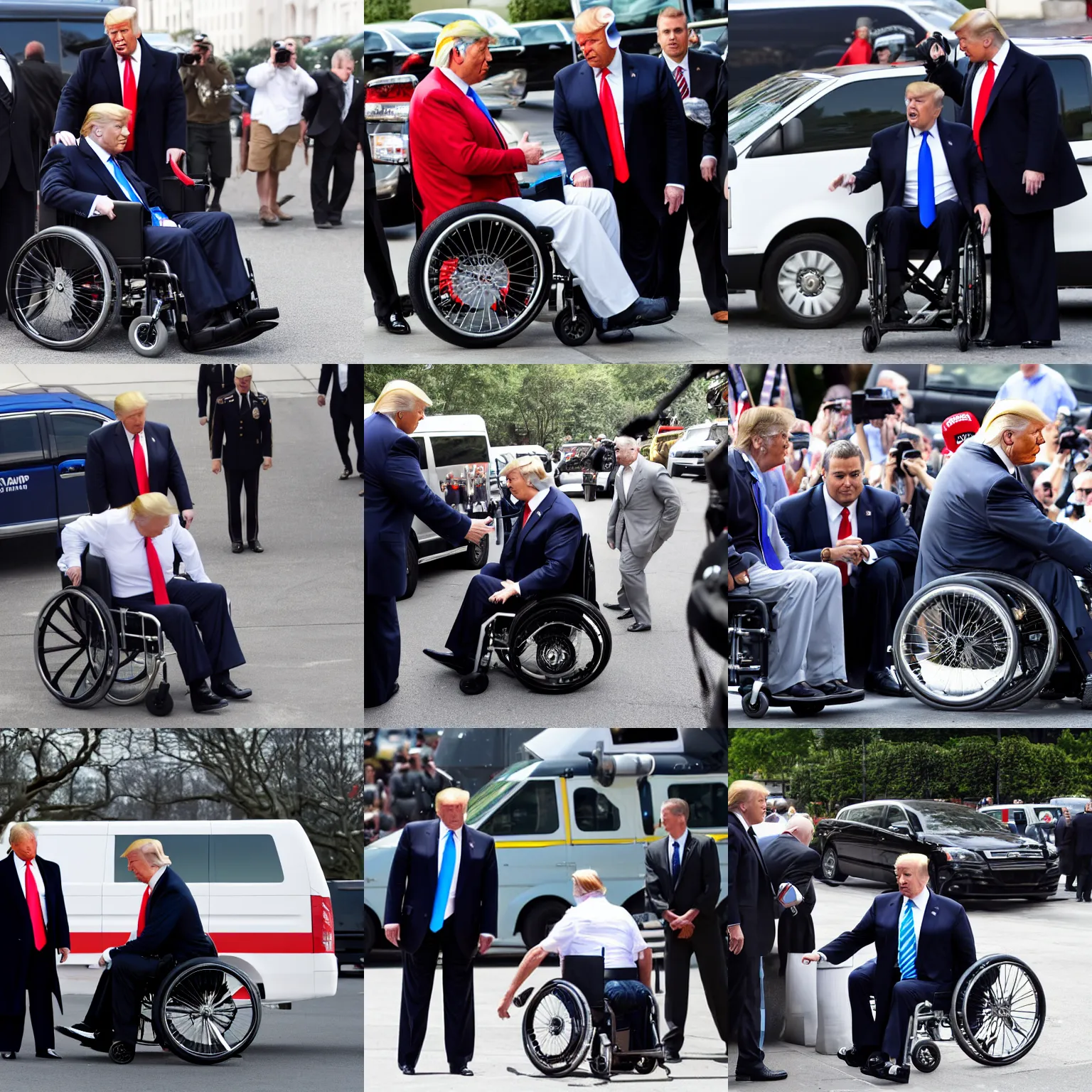 Prompt: donald trump in a wheelchair, next to van surrounded by secret service agents, photograph, candid, high resolution, high quality